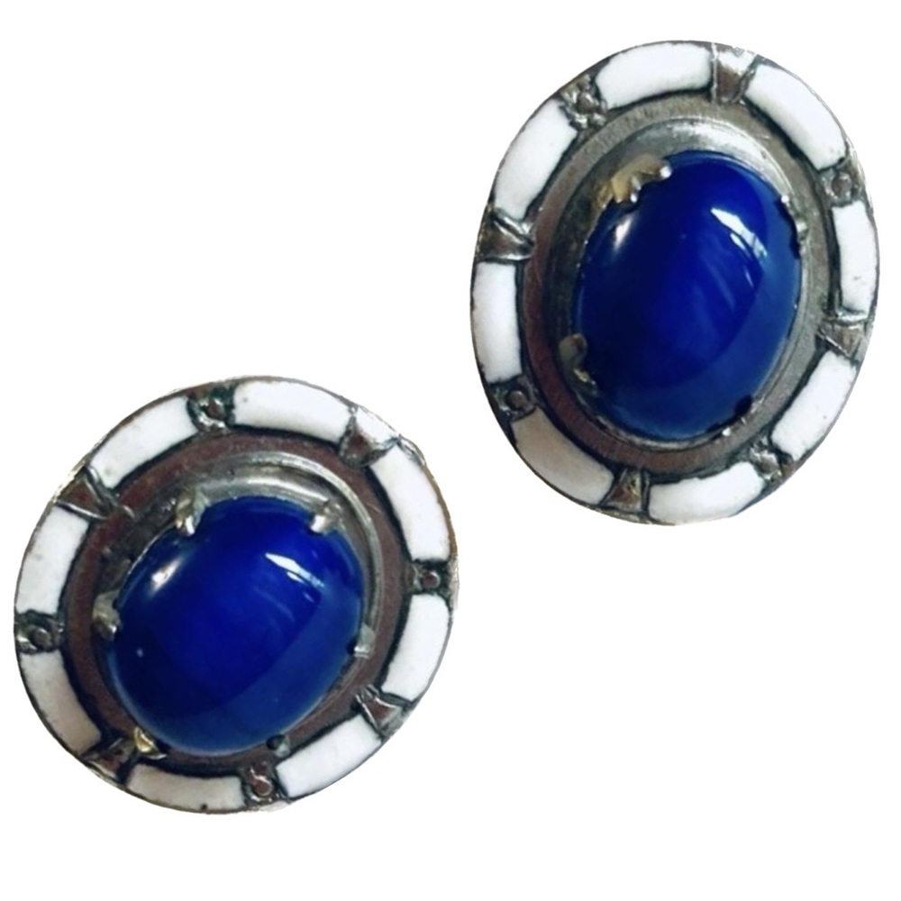 Vintage Cobalt Blue with White Enamel & Screw Backs Earrings .75” - Picture 2 of 4